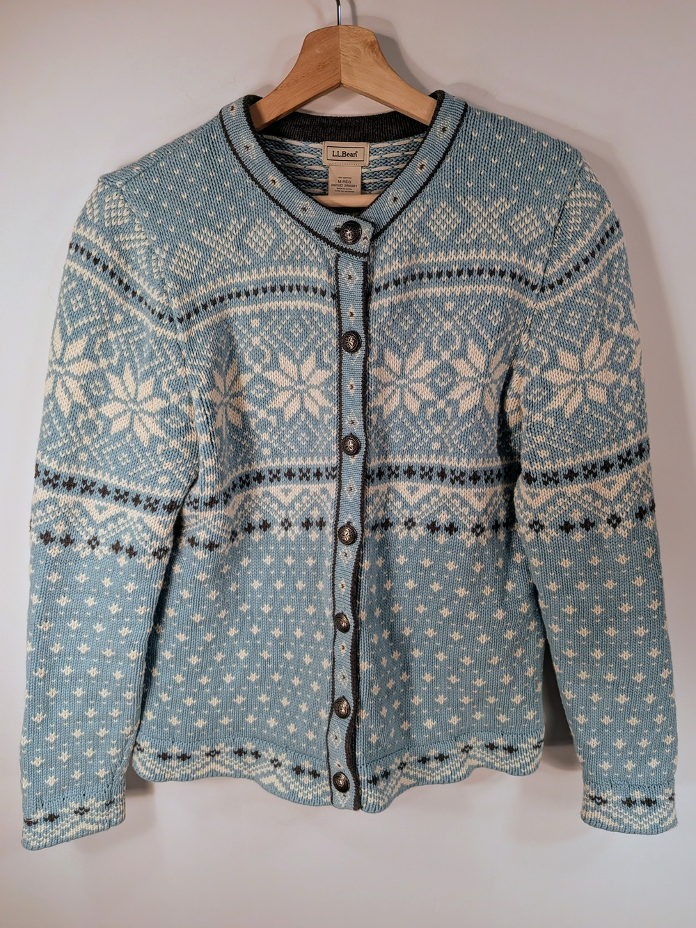 L.L.Bean Vintage Cotton Fair Isle Snowflake Cardigan Size M